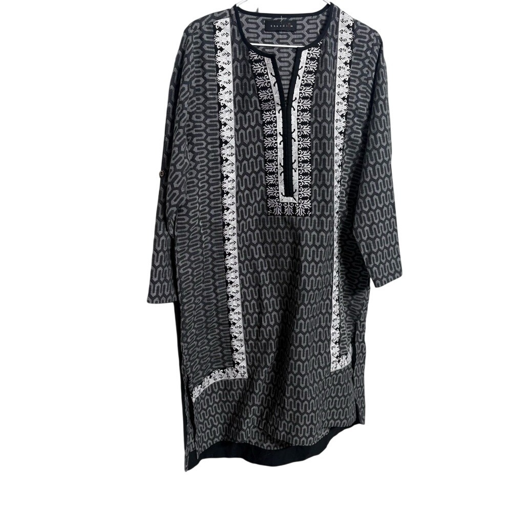 Black & White Patterned Midi Dress with Embroidered Trim